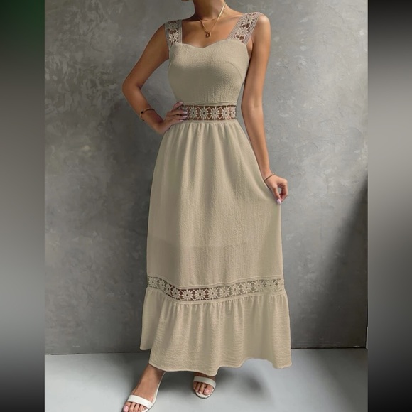 Boho khaki lace insert maxi dress LAST PACK - Picture 4 of 6